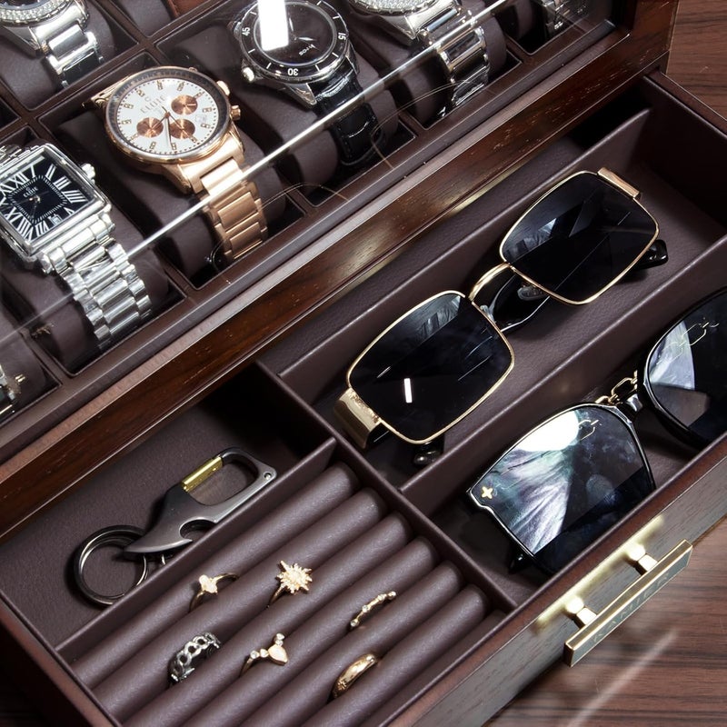 KAMIER High End Watch Box for Men, 12 Slot Wooden Watch Case With Drawer, Watch Display Box with Glass Lid, 2-Layer Watch Holder for Jewelry and Watch Storage for Men Women , Ideal for Gift (With Gift Box) - Image 5